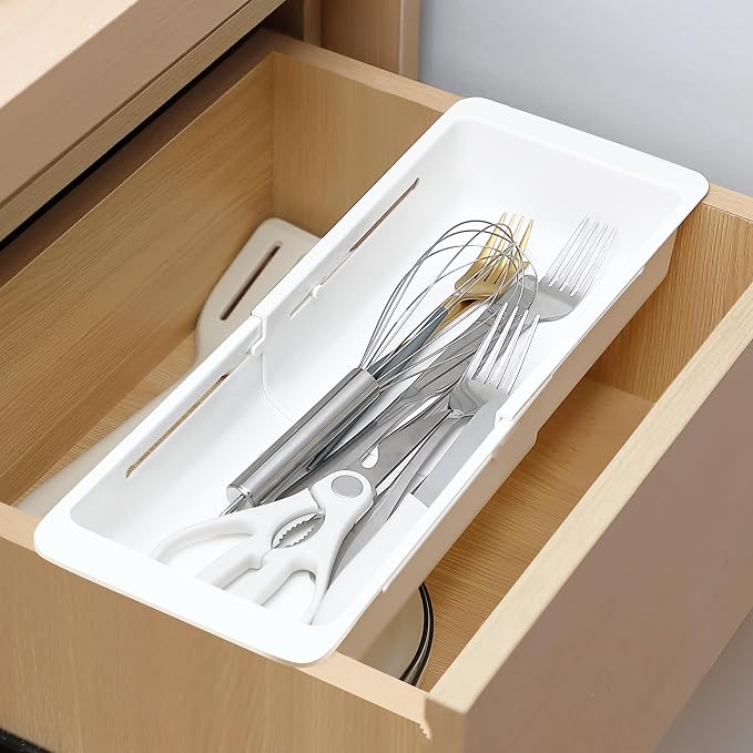 1 Pack Deep Drawer Organizer Adjustable Storage Bin(12.4-17.7") | Adjustable Width Design, Maximize Drawer Storage, Kitchen & Home Organization Solution