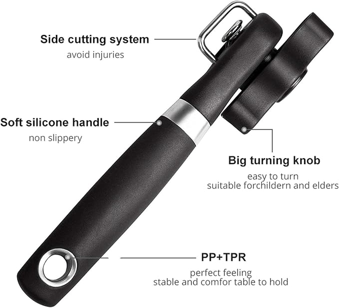 Side Cut Can Opener, Smooth Edge Manual Opener, Black | Safety side-cut blade creates smooth edges; large soft-touch knob and non-slip handle provide comfortable everyday use.