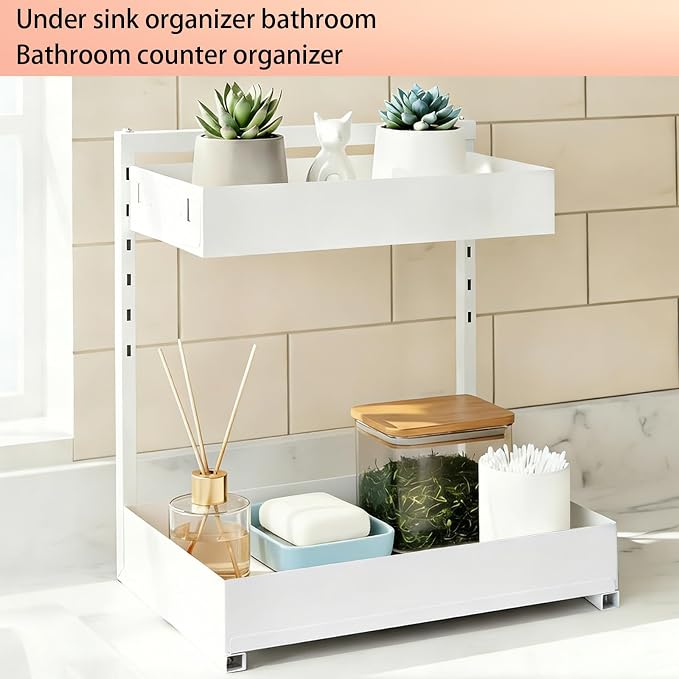 Under Sink Organizer, Bathroom Counter Organizer, 2 Pack 2 Tier L-Shape White, Adjustable Height Carbon Steel, Under Cabinet Storage with Pull Out Drawer, Use for Kitchen Bathroom Office Shop Laundry