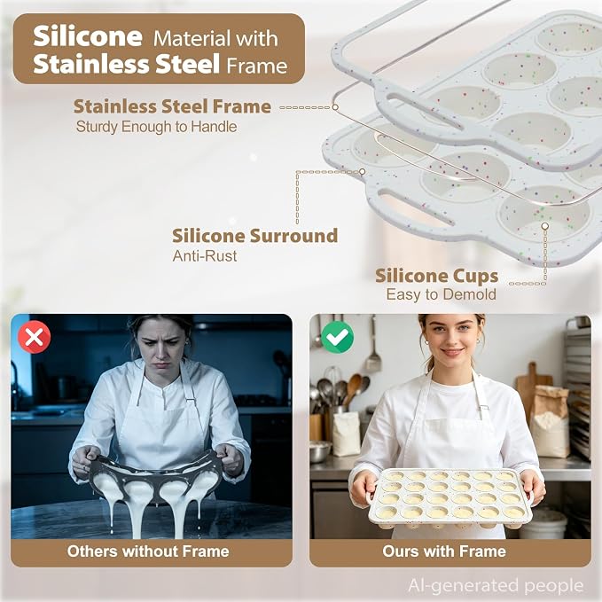 Silicone Mini Muffin Pan Set: 12 & 24 Small Cupcake Baking Pan with Frame | Easy Release - Complete Shaping Each Use Avoid Re-baking - BPA-free Muffin Trays Reinforced Frame for Oven Home Bakers Vnray