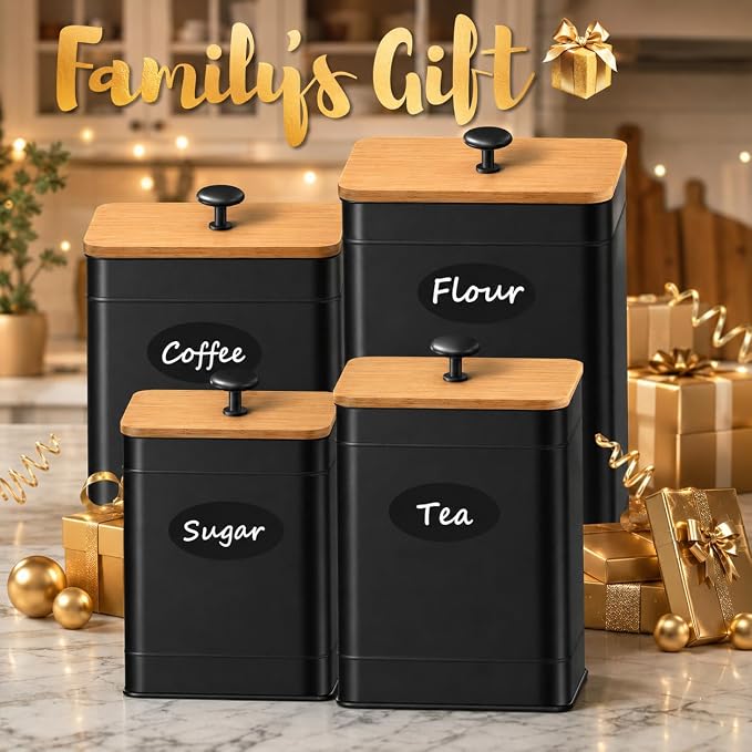 Kitchen Canister Set of 4, Black Airtight Metal Flour Sugar Containers | Flat Bamboo Lids, Reusable Labels & Marker, Wide Openings, Coffee Tea Containers, Kitchen Countertop and Pantry Organized
