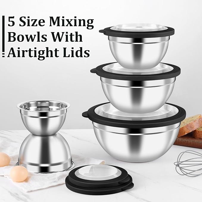 P&P CHEF Metal Mixing Bowls with Lids Set, Visible Airtight Lids & Black | 5 PCS Stainless Steel Mixing Nesting Bowls for Kitchen Prepping, Storing, Healthy & Easy Clean, Size 4.6, 3, 1.5, 1, 0.7 QT