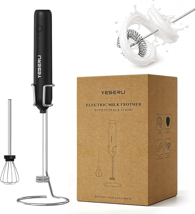 Rechargeable Milk Frother Handheld-2000mAh Battery | Frother Wand with Dual Detachable Whisk Heads, 2 Speeds, IPX6 Waterproof Drink Mixer & Stand for Latte, Cappuccino, Matcha