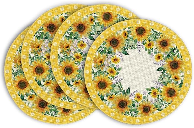 Artoid Mode Leaves Sunflower Round Summer Placemats Set of 4, 14 Inch Seasonal Holiday Round Table Mats for Party Kitchen Dining Decoration