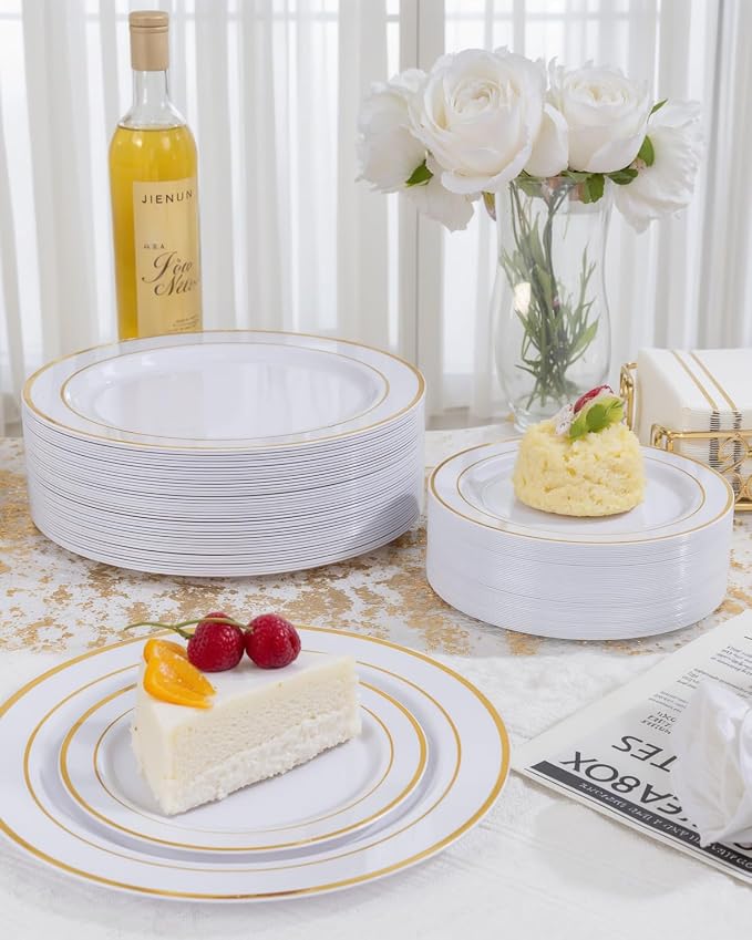 GATHER 700PCS Gold Plastic Dinnerware Set for 100 Guests for Wedding Party | White and Gold Disposable Dinnerware Sets include 200 Plate, 300 Silverware, 100 Cups, 100 Napkins for Anniversary