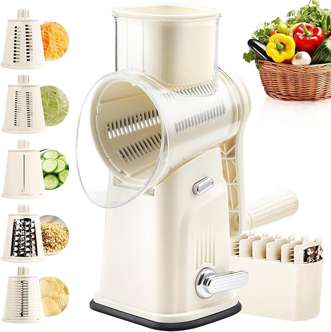 Rotary Cheese Grater with Handle, 5 Replaceable Blades (Beige) | Strong Suction Base, Round Food Slicer & Chopper for Kitchen Fruit Vegetables Nuts with Blade Storage Box