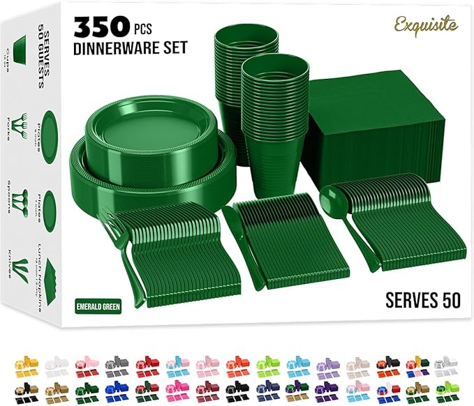 350 Pcs Emerald Green Plastic Plates For Party, Emerald Green Disposable Plates Set, 50 Of Each 9" Dinner Plate Set, 7" Dessert Plate, Cups, Napkins & Cutlery Plastic Dinnerware Set Exquisite
