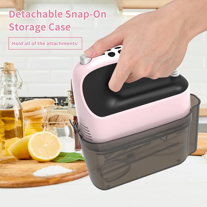 Yomelo 9-Speed Digital Hand Mixer Electric, 400W Powerful DC Motor, Hand Mixer Electric Handheld with Snap-On Storage Case, 5 Stainless Steel Accessories, Beaters, Dough Hooks, Whisk(Pink/Black)