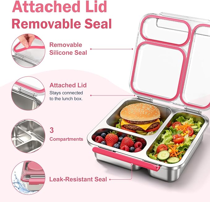 Pawtong Stainless Steel Bento Box Kids Adult with 7oz Insulated Food Jar, Transparent Lid Metal Lunch Box With Soup Thermal Jar, Lunch Box Container with Removable Divider & Sauce Cup School (Pink)