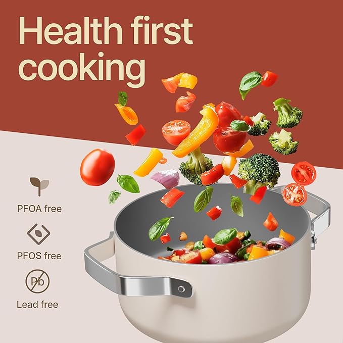 Bakken 3 Quart Ceramic Coated Stock Pot with Lid, Easy to Clean Nonstick Pot, Tempered Glass Lid, Riveted Stainless Steel Handles, Oven Safe Up To 500°F, PTFE & PFAS Free, All Stove Compatible, Cream
