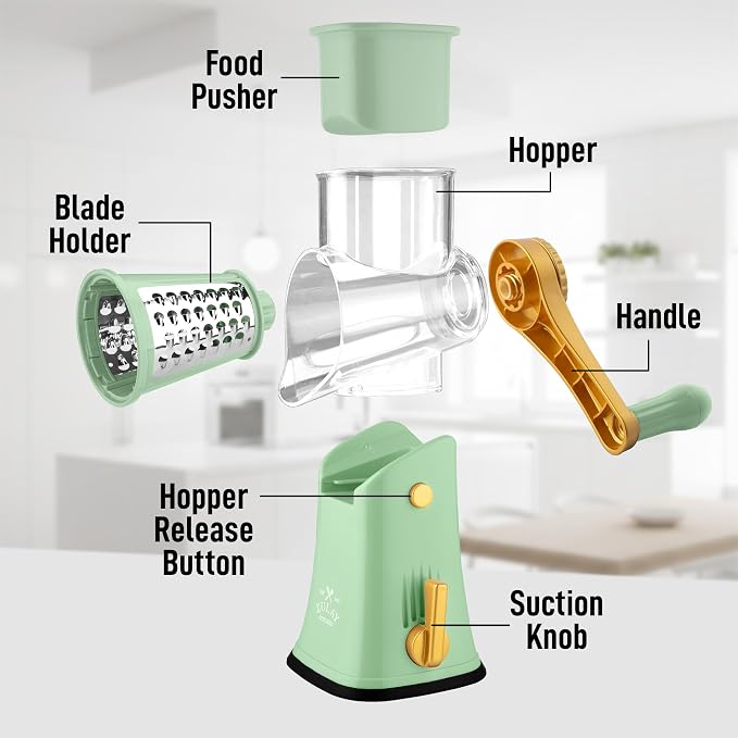 Zulay Kitchen Rotary Cheese Grater 5 Blade Cheese Shredder - Manual Hand Crank Cheese Grater With Reinforced Suction & 5 Interchangeable Drums - Easy to Use, Vegetable Chopper Round Mandoline Slicer