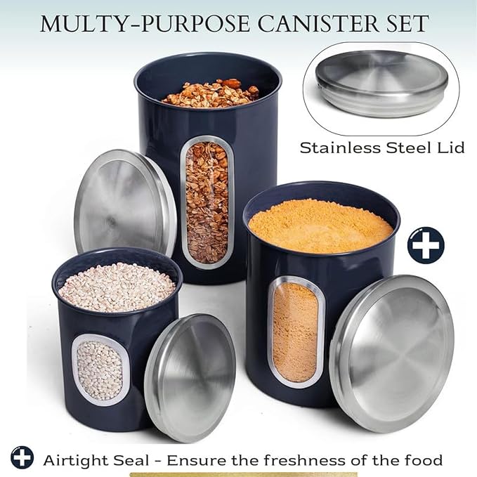 Mixpresso 3-Pcs Blue Canisters Set for Kitchen Storage Airtight Jars | See-through window, coffee container, tea organizer, sugar canister, 3 nesting sizes, counter decor, easy press-on lids