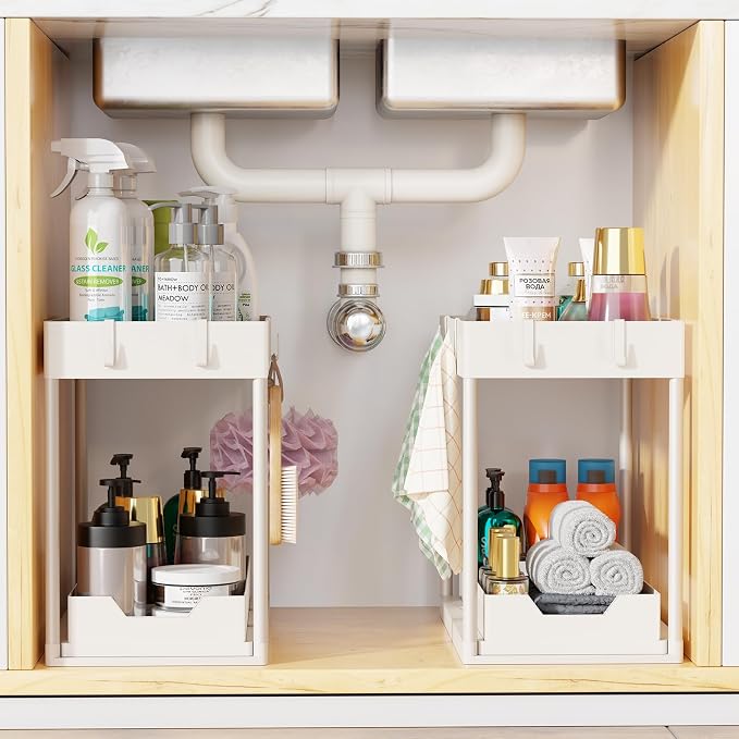 Simple Trending Under Sink Organizer 2 Pack, with Sliding Drawer, White | 2-Tier Multi-Use Under Shelf Organizer with Hooks, Sink Pull-Out Sliding Storage Cabinet for Kitchen Bathroom, Easy Assembly