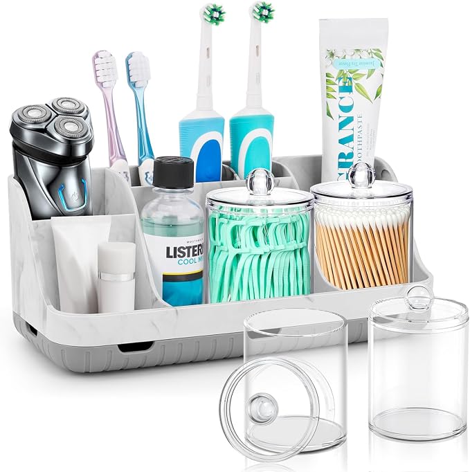 GFWARE Marble Bathroom Toothbrush Holder Set with 2 Qtip Holder Dispenser | Detachable 7 Slots Bathroom Accessory Set, Kids Bathroom Sink Counter Set, Bathroom Essentials Decor, Anti-Slip, Marble-Look