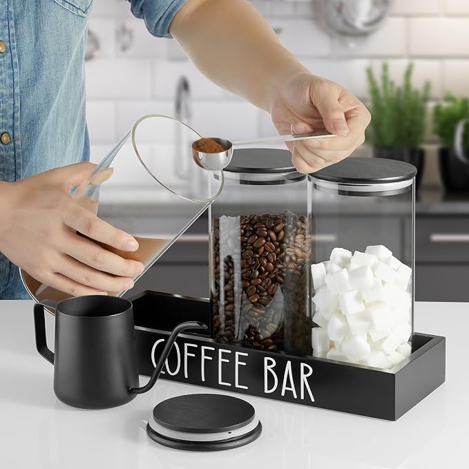 Glass Coffee Canister for Ground Coffee - 3Pcs 45oz Coffee and Sugar Container Set with Airtight Bamboo Lids and Black Tray - Farmhouse Coffee Bean Storage Jars for Coffee Bar Decor and Accessories