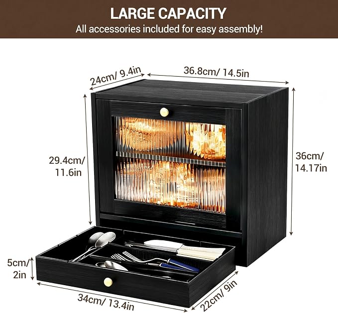 Garvee Bread Box for Kitchen Countertop with Drawer, 2-Tier Large Wooden Bread Storage Bin with Cutlery Organizer, Farmhouse Bread Keeper for Homemade Bread with Acrylic Window, Black