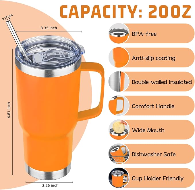 20oz Stainless Steel Insulated Handle Tumbler, Leak Proof Travel Mug with Lid and Straw, Keeps Hot/Cold for 8/12 Hours, Set of 4
