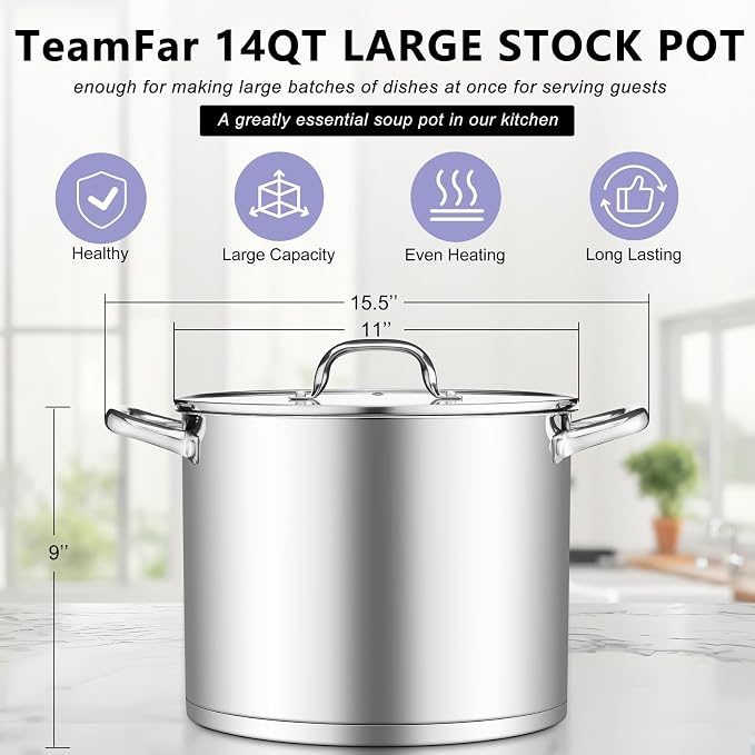 TeamFar Stainless Steel Stock Pot, 14QT Tri-ply Bottom Large Stockpot | Cooking Soup Pot with Lid, for Induction Gas Electric Glass Tops, Non Toxic & Sturdy, Straight Side & Various Stovetops Safe