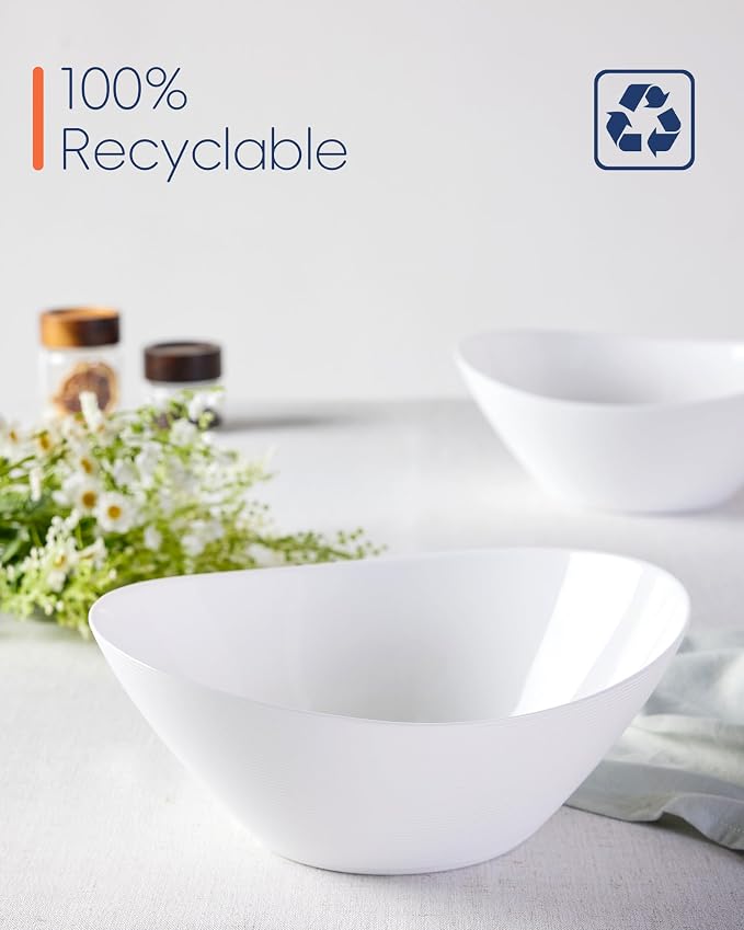 66 OZ Salad Bowl Set of 2, 10 Inch White Opal Glass Oval | Ultra-thin lightweight serving dish with microwave & dishwasher safe design, perfect for salad, fruit and kitchen use