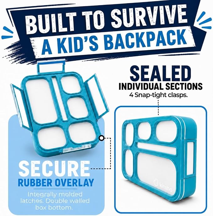 Bento Box Lunch-Box for Kids Adults, Snackle Box Snack Containers for Toddlers Daycare, Leakproof School Bentobox, 6 Section Meal Container for Boys Girls Women Lunches, BPA Free Utensils, Blue