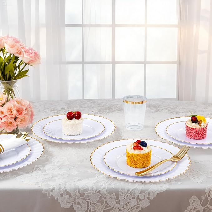 YOUBET 350PCS White and Gold Scalloped Plastic Plates for Wedding Party | White and Gold Disposable Dinnerware Set Include 100 Plates, 150 Gold Silverware, 50 Cups, 50 Napkins