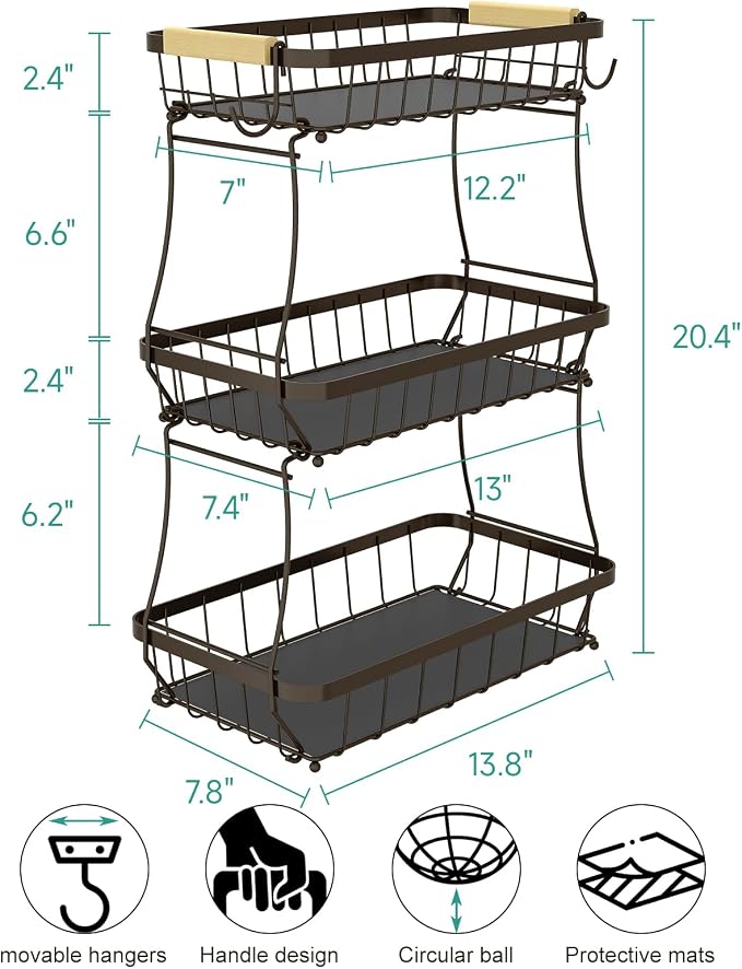 3-Tier Fruit Basket with Banana Hangers, Detachable Metal Bowl | Wooden handle, protective mats included. Versatile holder for bread, snacks, and veggies. Large 3 tier metal design.