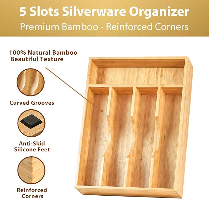 Bamboo Kitchen Drawer Organizer, 9 Inch Silverware Utensils Tray Holder for Small Drawer, Wood Caddy for Flatware Cutlery Knives