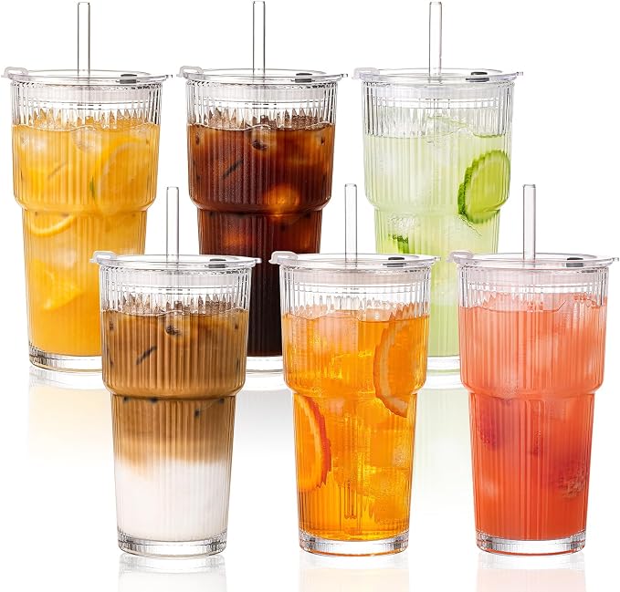 20oz Iced Coffee Cups with Lids, Ribbed Glass Cups with Lids and Straws | Thick Reusable Glass, Leak-Resistant Lids, Fits Most Car Cup Holders, For Iced Coffee, Tea, Smoothies and Cold Drinks