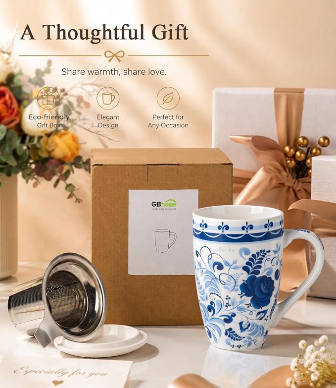 GBhome Tea Mug with Infuser and Lid,18 Ounce Ceramic Loose Leaf Cup Steeper | Lead-Free Glaze For Tea Lovers,Microwave & Dishwasher Safe with Tea Strainer
