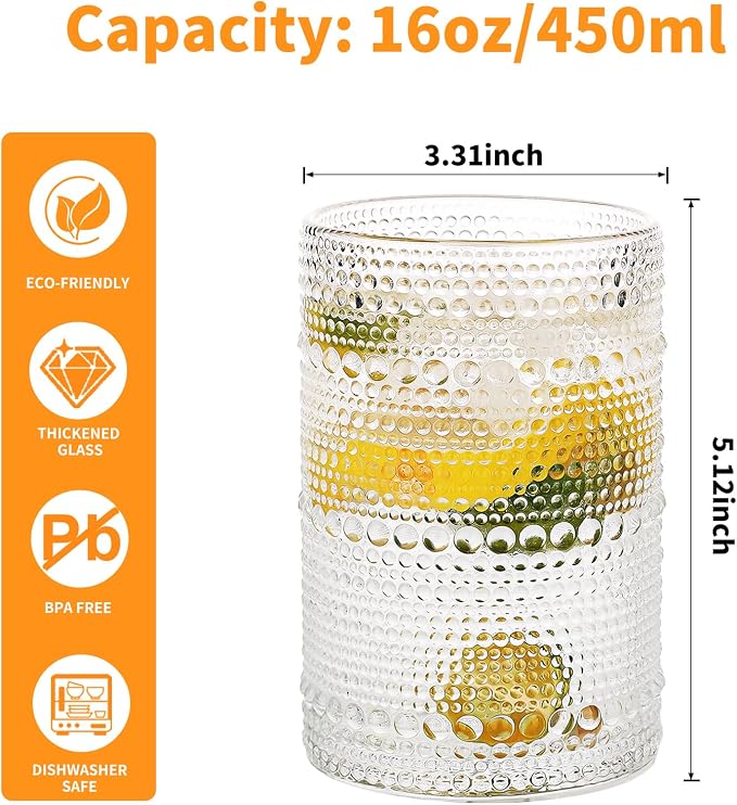 Vintage Hobnail Drinking Glasses Set of 4, 16 Oz Glass Cups with Embossed Retro Design, Clear Glass Tumblers Water Glasses for Kitchen, Cocktail, Beer, Juice, Whiskey, Milk and Everyday Drinks