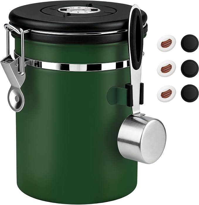ShanSon Coffee Canister Airtight, Stainless Steel Bean Storage Container with Date Tracker & Scoop, Grounds Sugar Flour Tea Cereal Fits Kitchen Pantry, Ideal Gift for Coffee Lovers,22oz, Dark Green