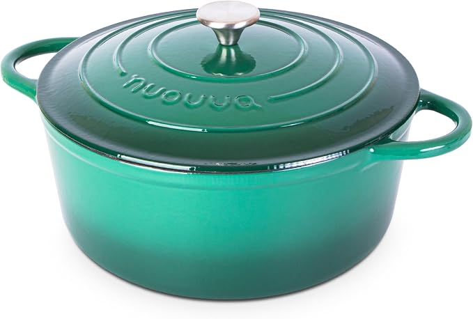 Cast Iron Dutch Oven with Lid - Non-Stick Ovenproof Enamelled Casserole Pot- Sturdy Dutch Oven Cookware - Dark Green, 7.3-Quart, 30cm - by Nuovva