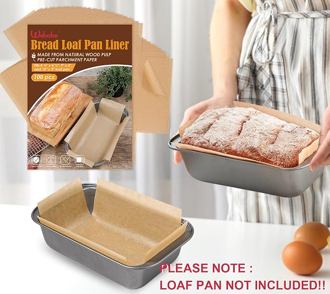 Webake Unbleached Parchment Paper Loaf Pan Liners for Baking Bread 9x5, 1lb 1.5lb 2lb, Original Precut, Non Toxic 100 Pcs Baking Paper