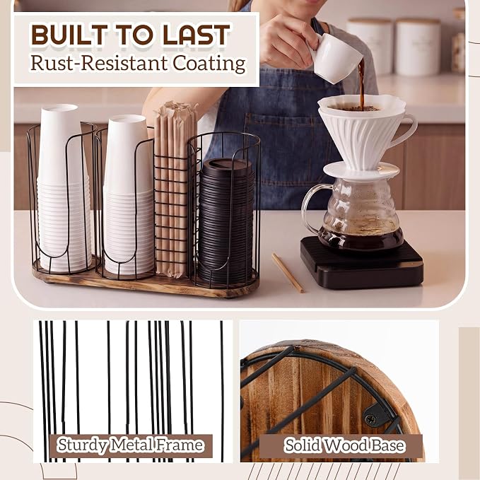 18oz Adjustable Coffee Cup Dispenser with Wooden Base, Cup and Lid Holder, Cups Holder Organizer for Coffee Pod Straw and Lid Storage(4-compartment Single,Color 5)