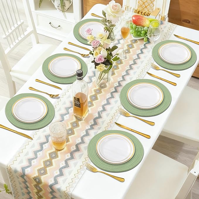 Round Placemats Set of 6, Cotton Rope Woven Table Mats, Hot Pads for Kitchen, Non Slip Heat Resistant Place Mats, 13 Inches Braided Placemat for Farmhouse Decor and Kitchen Table Decor (Green)