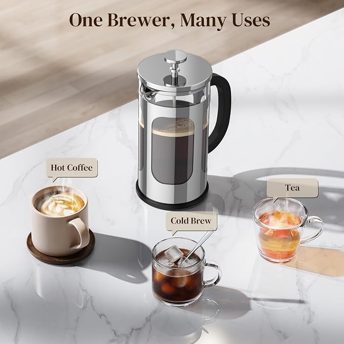 Veken French Press Coffee Maker,No Plastic Touching Cafe,34oz 1L Cafetera | Heat Resistant Thickened Borosilicate Glass Stainless Steel Brewer,Pot for Kitchen,Travel,Camping,Tea,Gifts,Silver