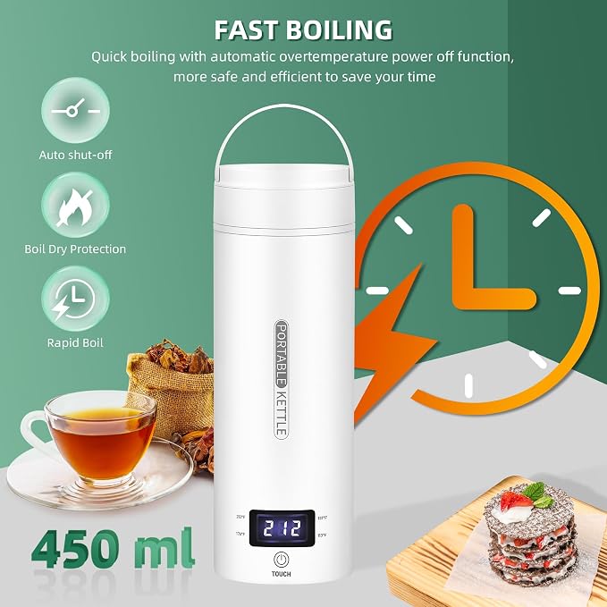 QRAGJBM Portable Electric Kettle Travel, 120V, 450ml, 4 Temperature Control | 304 Stainless Steel Lining, Auto Shut-Off, Boil Dry Protection, BPA-Free, Lightweight, For Hotel and Office (White)