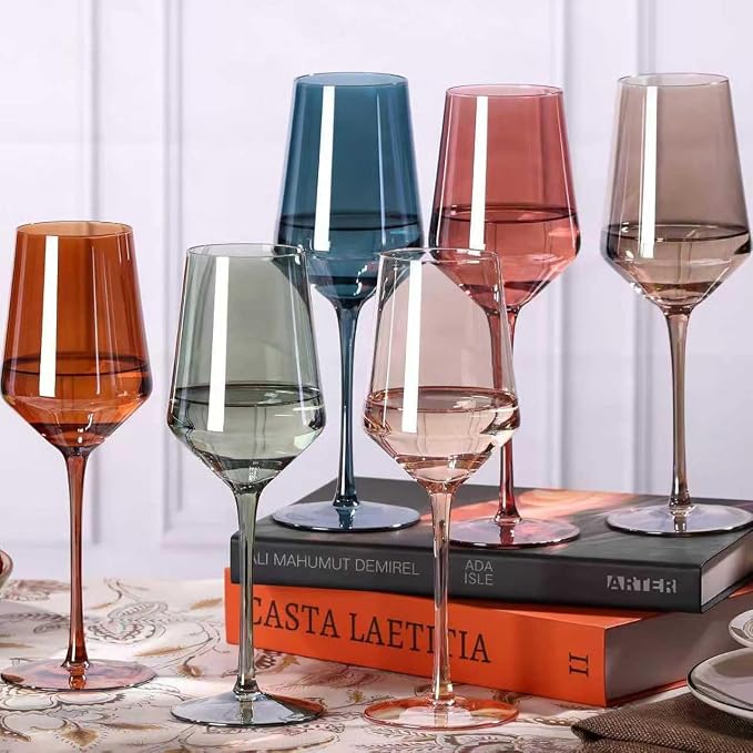 comfit Colored Wine Glasses Set of 6-15 oz Hand-blown Lead-free Crystal Colorful Wine Glasses- Birthday Wedding Housewarming Valentine's Day Gifts for Wine Lovers Women, Mom, Wife, Friend