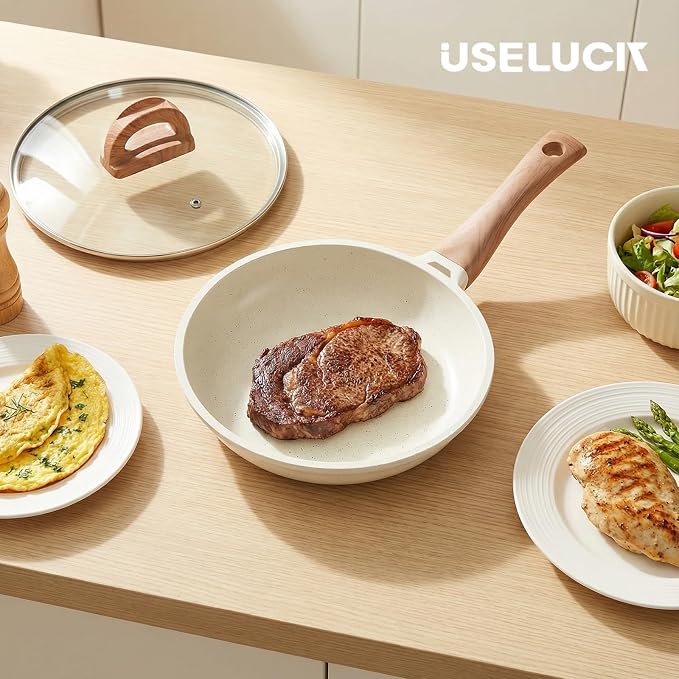 UESLUCK 8 Inch Creamic Non Stick Frying Pan With Lid- Small Creamic Skillet With lid, Egg Pan Non Stick With Cool-Touch Handle, PFAS & PTFE Free, Compatible with All Stovetops