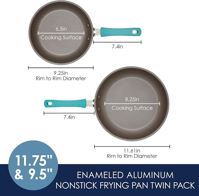 Rachael Ray Cook + Create Nonstick Frying Pans/Skillet Set, 9.5 Inch and 11.75 Inch, Agave Blue