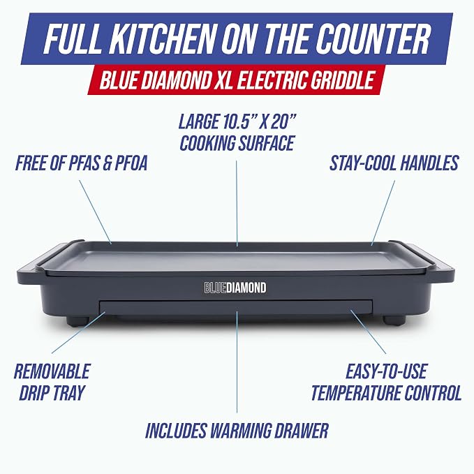 Blue Diamond 20" XL Electric Griddle, Graphite | PFAS-Free Ceramic Nonstick, Flat Top Grill/Griddle, Removable Drip Tray, Warming Drawer, Easy-Clean Design, Pancakes, Burgers