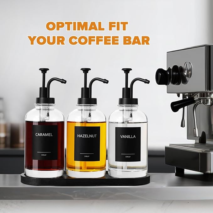 Syrup Dispenser for Coffee Bar, Glass Syrup Dispenser with Pump, 16.9 fl oz Honey Bottles, Labels, Spoons, Coffee Art Pen, 3 Pack