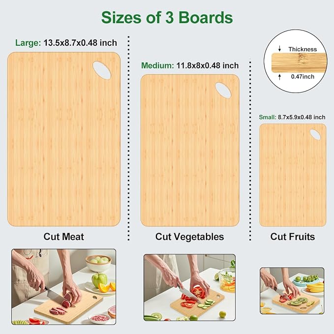 Viretang Wood Cutting Board Set of 3, Natural Bamboo, Hang Hole | Chopping Boards for Kitchen, Serving, Meal Prep, Charcuterie, Kitchen Tray for Raw Meat Fruit Cheese, Knife Friendly, Durable