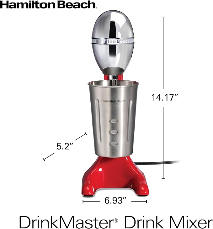 Hamilton Beach DrinkMaster Retro Milkshake Maker & Electric Drink Mixer | Drink Mixer, Milkshake Maker, Milk Frother | 2 Speeds | Extra-Large 28 oz. Stainless Steel Cup | Red | 733