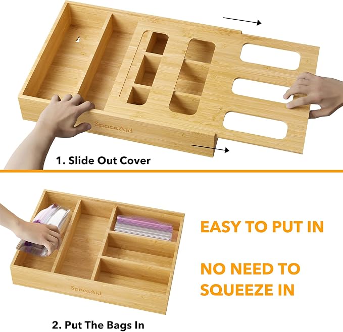 SpaceAid Bag Storage Organizer for Kitchen Drawer, Bamboo Organizer, Compatible with Gallon, Quart, Sandwich and Snack Variety Size Bag (1 Box 5 Slots)