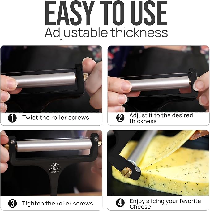 Zulay Kitchen Stainless Steel Wire Cheese Slicer - Adjustable Hand Held Cutter with 2 Extra Wires - Premium Cheese Shaver For Mozzarella, Cheddar, Gruyere - Black