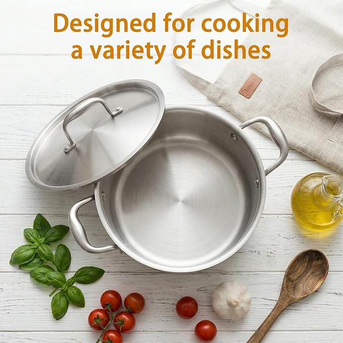 6 Quart 5-Ply Clad Stainless Steel Stock Pot With Lid Fast Heat Conduction | 5ply Stainless Steel Pot Fully Clad Compatible with All Cooktops for Family Meals & Batch Cooking