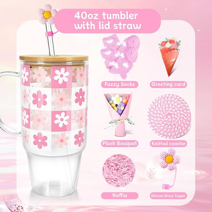 ANOTION Birthday Pink Glass Cup with Handle Gift Box for Women | Coquette Gift Basket for Her, Glass Cup with Handle, Fuzzy Socks, Knitted Coaster, Plush Bouquet