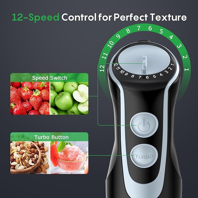 Immersion Blender Handheld, 4-In-1 Hand Blender with 12-Speeds & Turbo Mode | 500W Emulsion Blender, Egg Whisk, 24oz Beaker & Chopper Bowl, Stick Mixer for Baby Food, Smoothies, Soups & Sauces