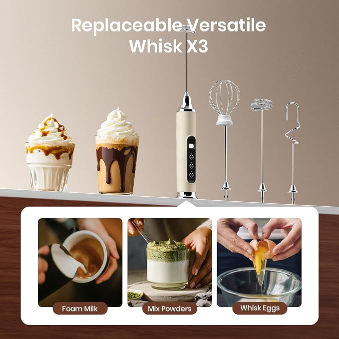 YUSWKO Milk Frother Wand for Coffee, Coffee Frother Handheld Drink Mixer | Rechargeable Mixer Wand, Waterproof Electric Whisk for Protein Powder, Lattes, Cappuccino, 3 Variable Speeds 3 Whisks, Beige